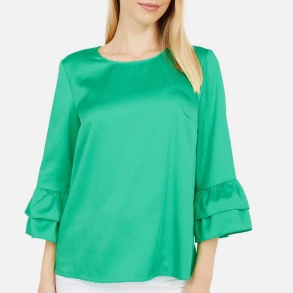 LILLY PULITZER Green Satiny Christie Top XXS 3/4 Flounce Sleeve Dressy
